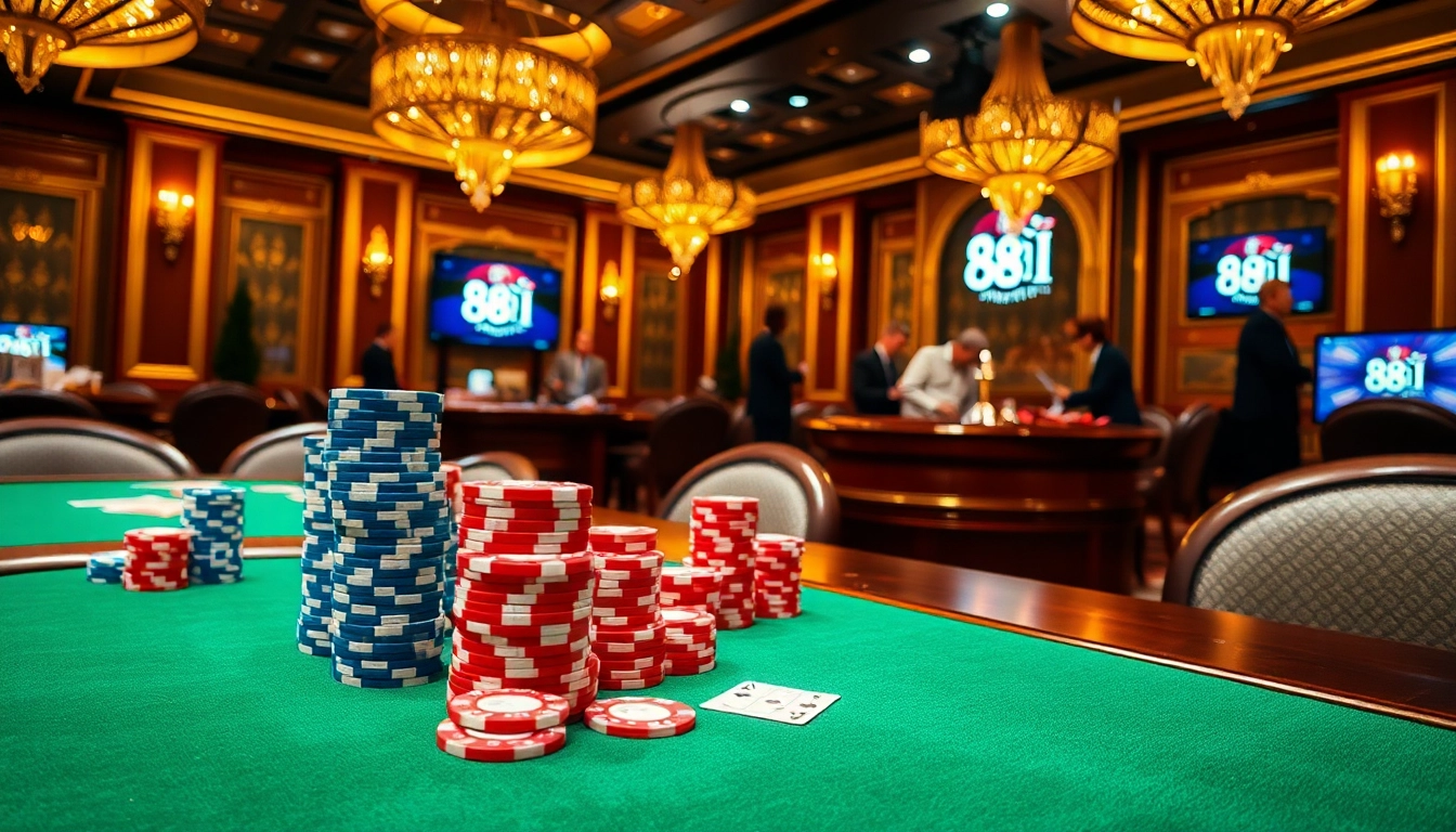 Players enjoy an exciting game at the 88I poker table, surrounded by luxurious casino decor and vibrant chips.