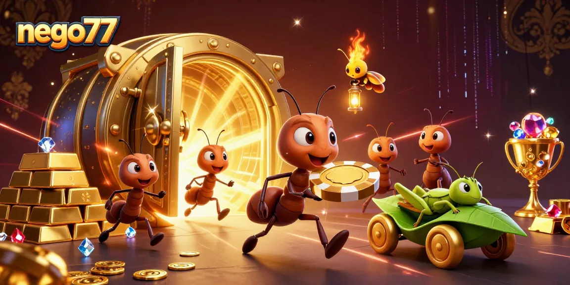 Nego77 showcases a dynamic casino adventure with ants on a heist, capturing excitement and thrill.