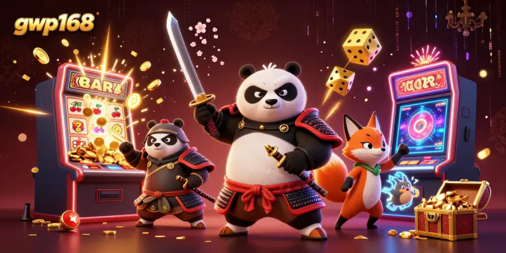 Gwp168 memberikan pengalaman menarik dengan panda samurai dan mesin slot di latar belakang