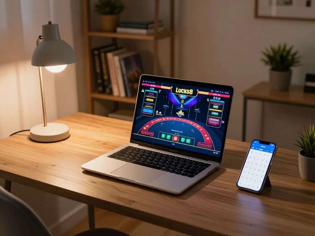 Lucks8 player enjoying an online casino game from a modern home gaming setup.