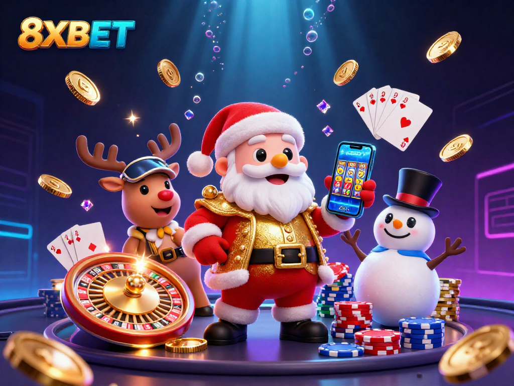 Experience the thrill of winning at 8XBET with a festive casino scene featuring Santa and friends.