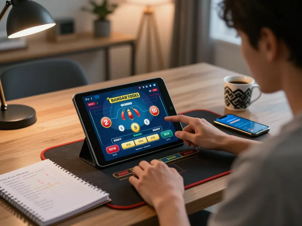 Terlibat dalam taruhan bandar togel online menggunakan tablet di lingkungan kantor rumah yang nyaman.
