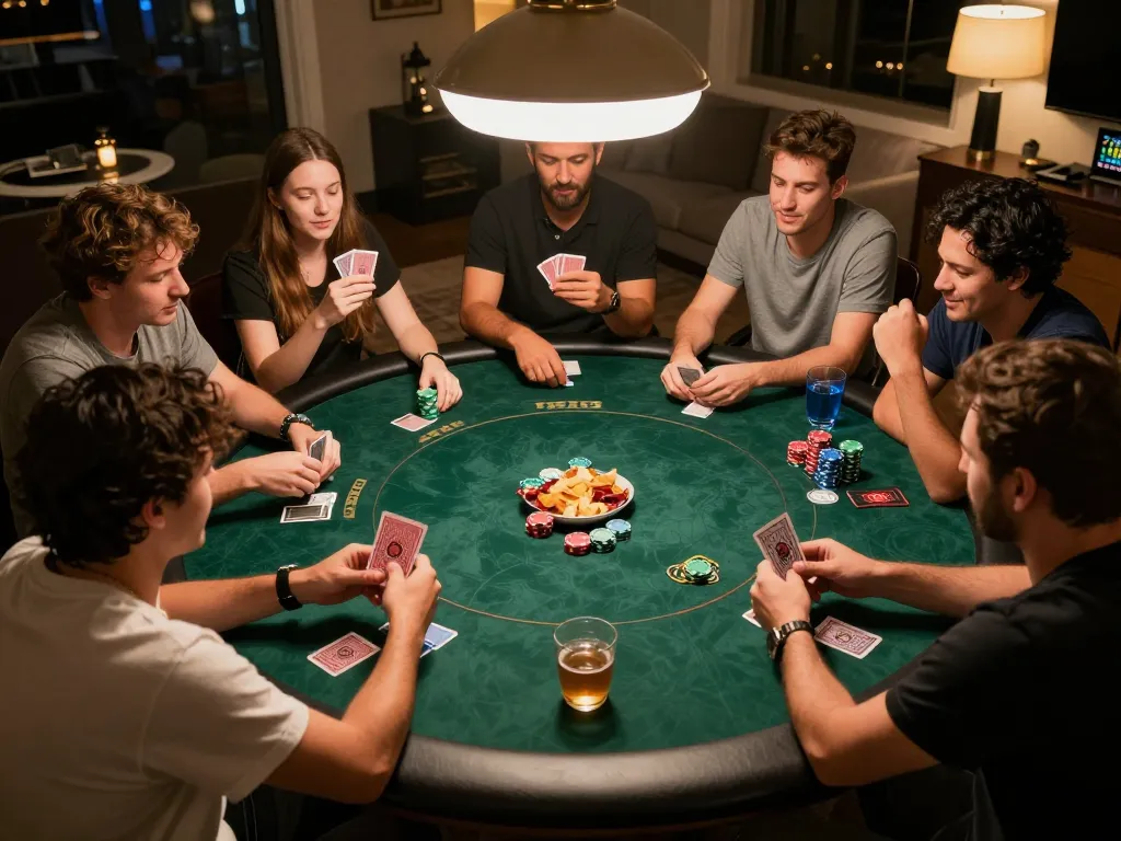 Friends playing poker at home, engaging in strategic gameplay with Sunwin, surrounded by snacks and drinks.