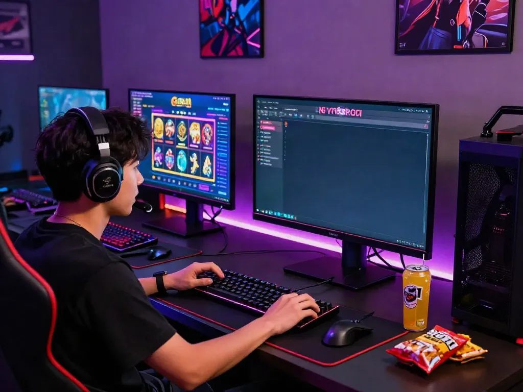 Player immersed in the slot gacor gaming experience with vibrant visuals and modern gaming setup.