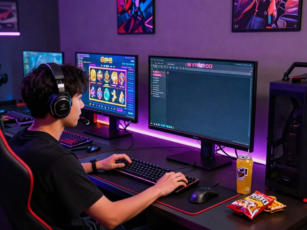 Player immersed in the slot gacor gaming experience with vibrant visuals and modern gaming setup.