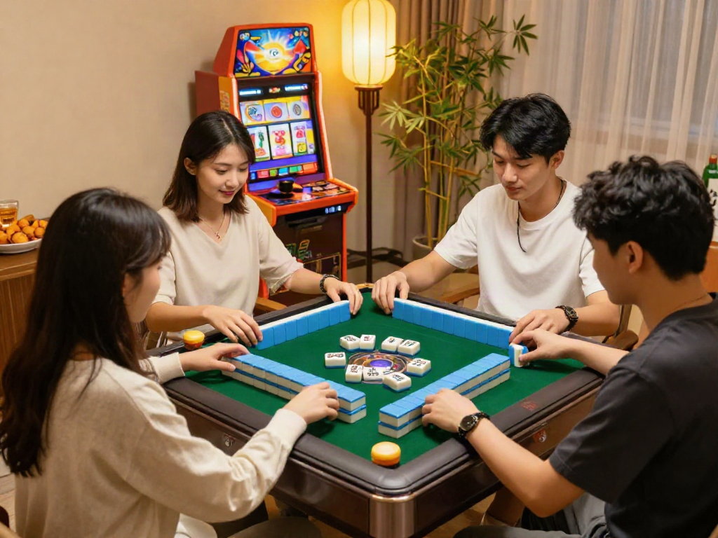 Pengalaman bermain mahjong slot di lingkungan nyaman, pemain berinteraksi dengan mesin slot dan ubin Mahjong.