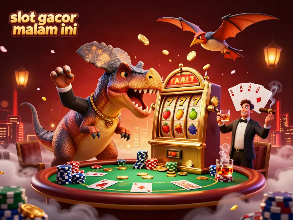 Catch jackpot thrills with slot gacor malam ini in this dynamic casino scene featuring animated dinosaurs.