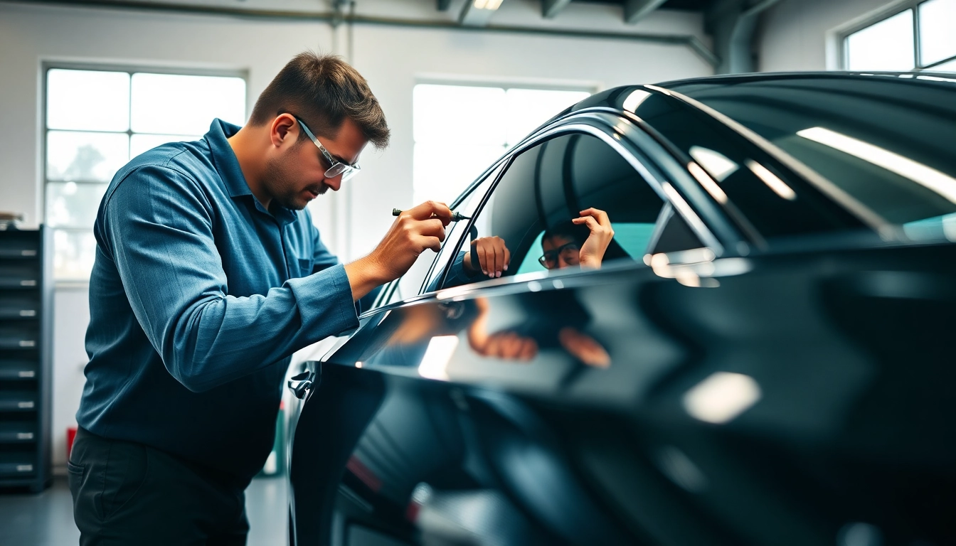 Apply ceramic window tint by a technician in a bright workshop enhancing vehicle appearance.