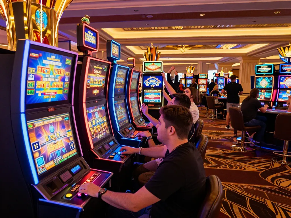 Engaging scene of players enjoying Demo Slot Pragmatic in a vibrant casino setting with colorful slot machines.