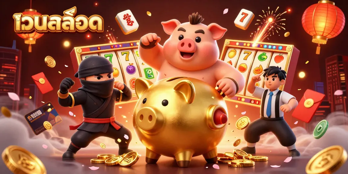 Experience thrilling spins with เว็บสล็อต in a vibrant 3D illustration featuring a sumo wrestler and dynamic slot reels.