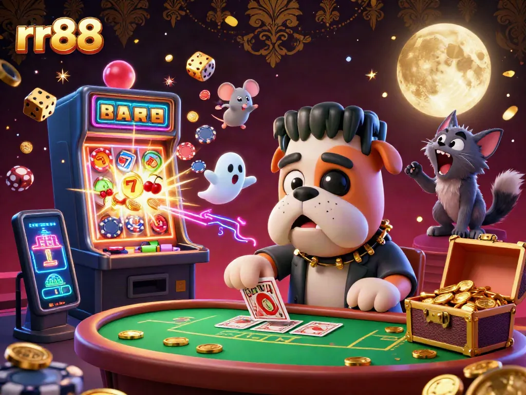 Engage with rr88's vibrant casino atmosphere featuring a whimsical Frankenstein bulldog dealer amidst dynamic slot and card game elements.