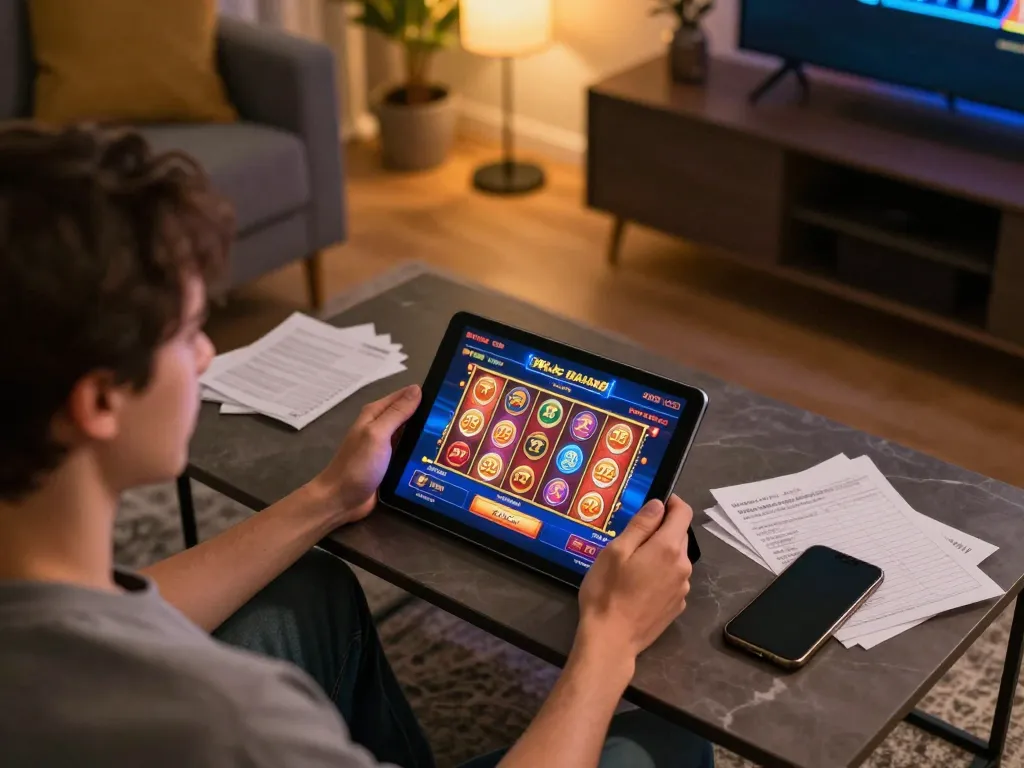 Engaging with the 32win online gaming platform on a tablet in a cozy home setting.