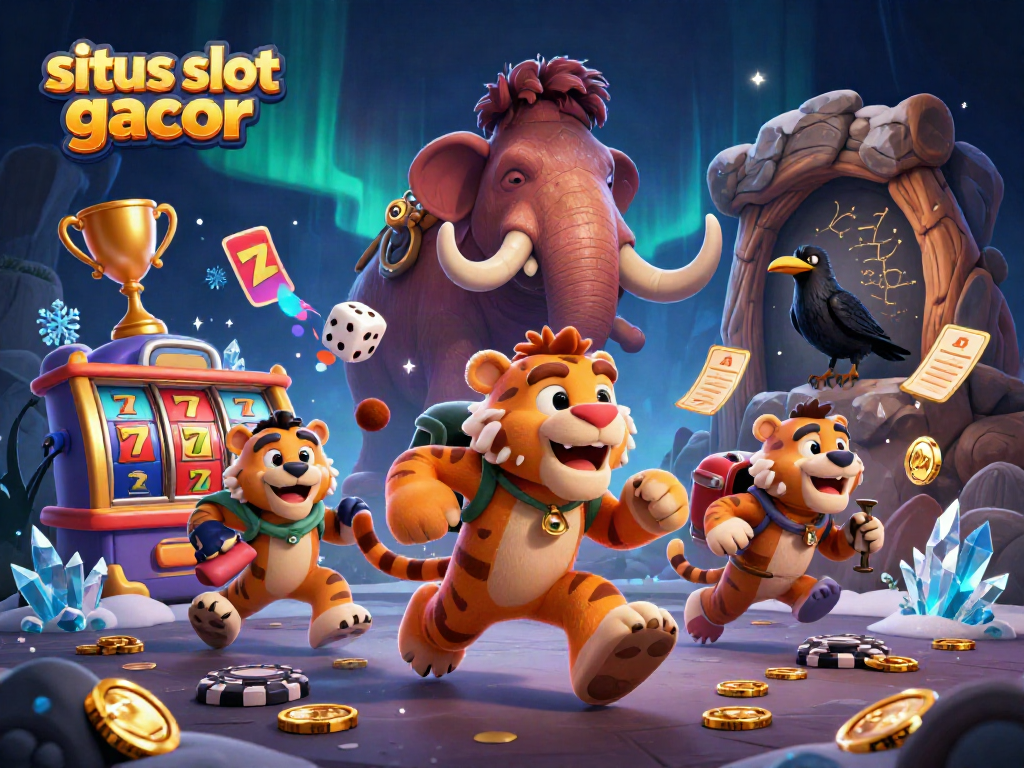 Ilustrasi situs slot gacor dengan karakter kasino prasejarah menampilkan slot dan jackpot yang menyenangkan.