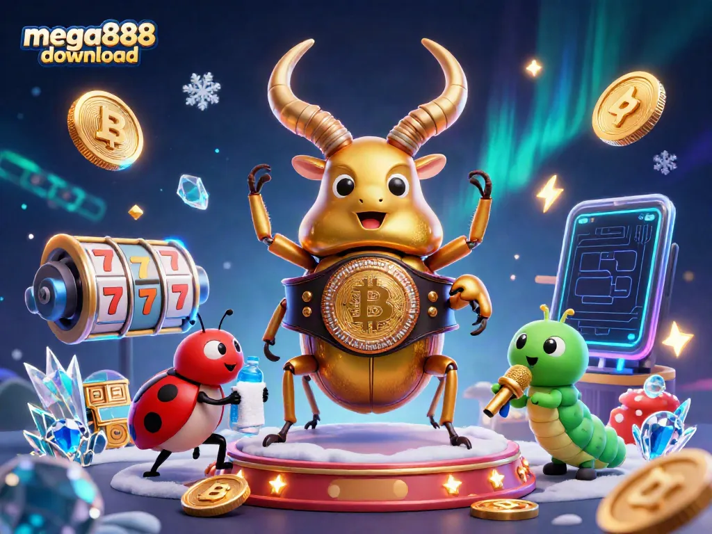 Experience the excitement of the mega888 download with a thrilling 3D casino scene featuring unique characters.