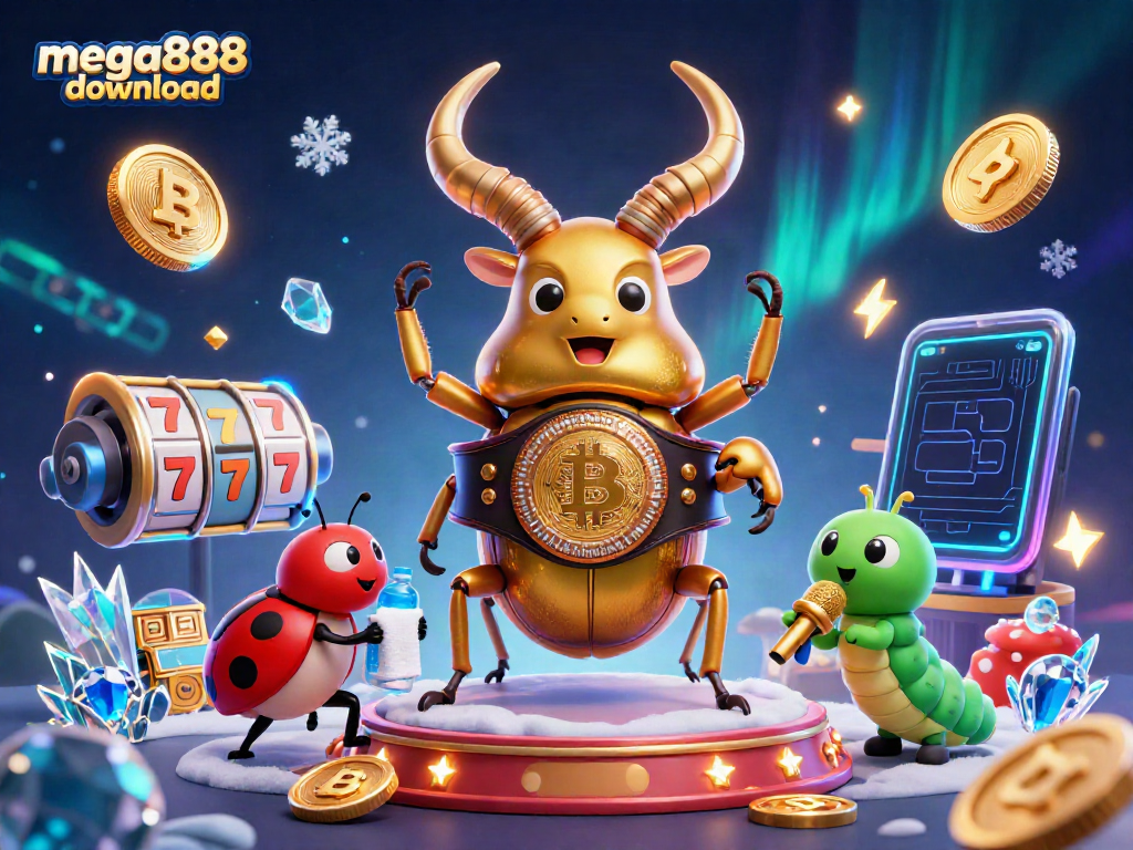 Experience the excitement of the mega888 download with a thrilling 3D casino scene featuring unique characters.