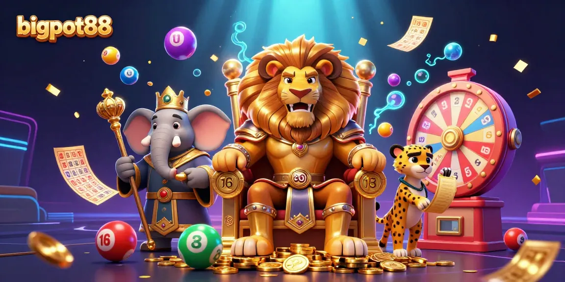 Experience the excitement of bigpot88 with vivid 3D illustration of a lion king, elephant advisor, and cheetah in a dynamic lottery scene.