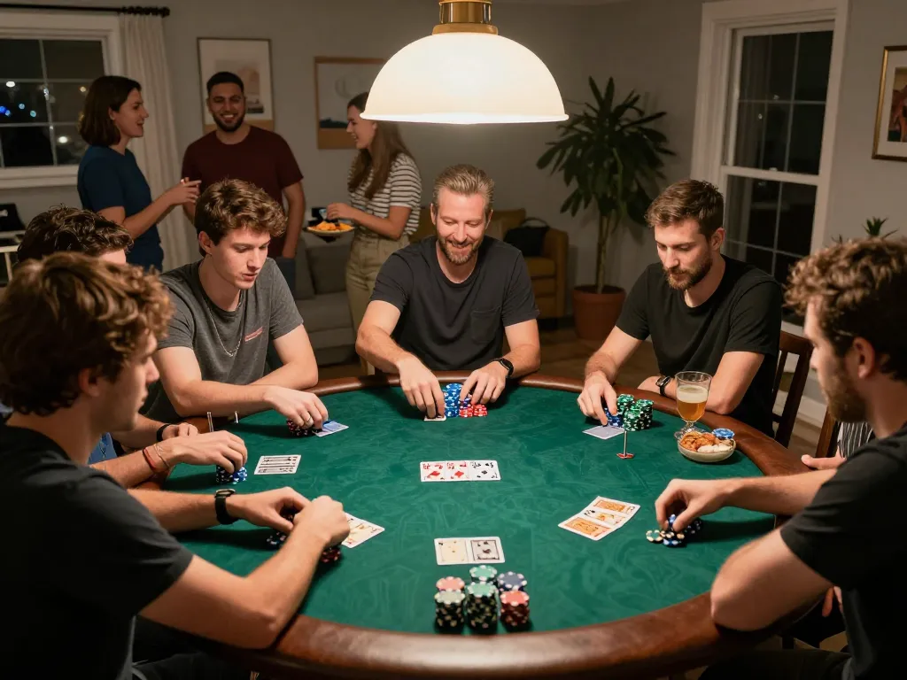 Pemain terlibat dalam permainan poker santai di rumah, menunjukkan chip dan kartu sambil menikmati makanan ringan dan minuman, https://www.gamestoursfestival.com/programme/ menyoroti perjudian sosial.