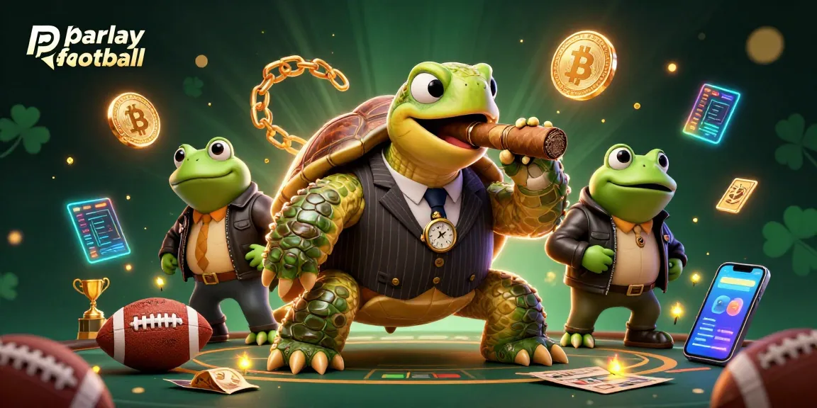 Engage in parlay football action with a vibrant illustration of a snapping turtle and bullfrog enforcers in a casino setting.