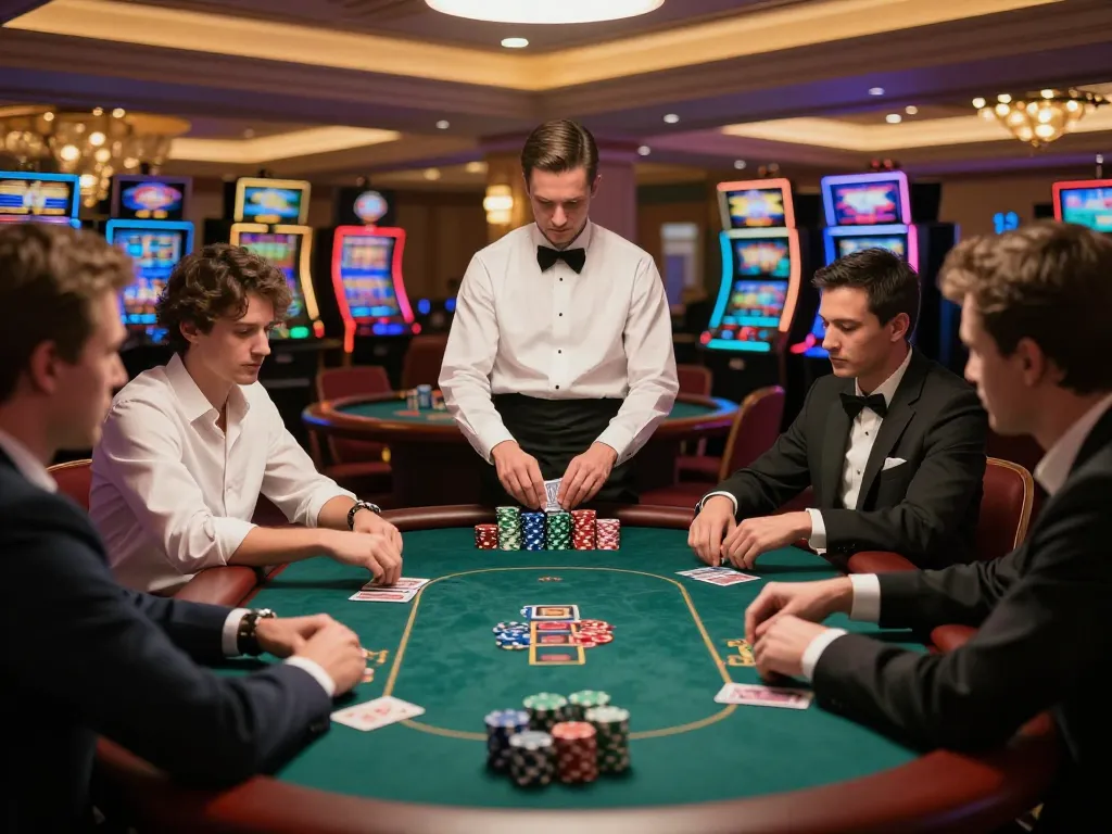 F168 poker players strategizing at a high-stakes table in a luxurious casino.