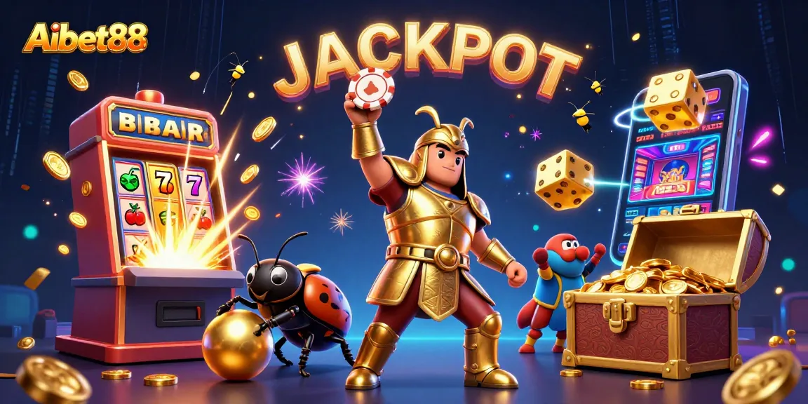 Aibet88 players celebrating a big win with a vibrant jackpot scene featuring animated characters and casino elements.
