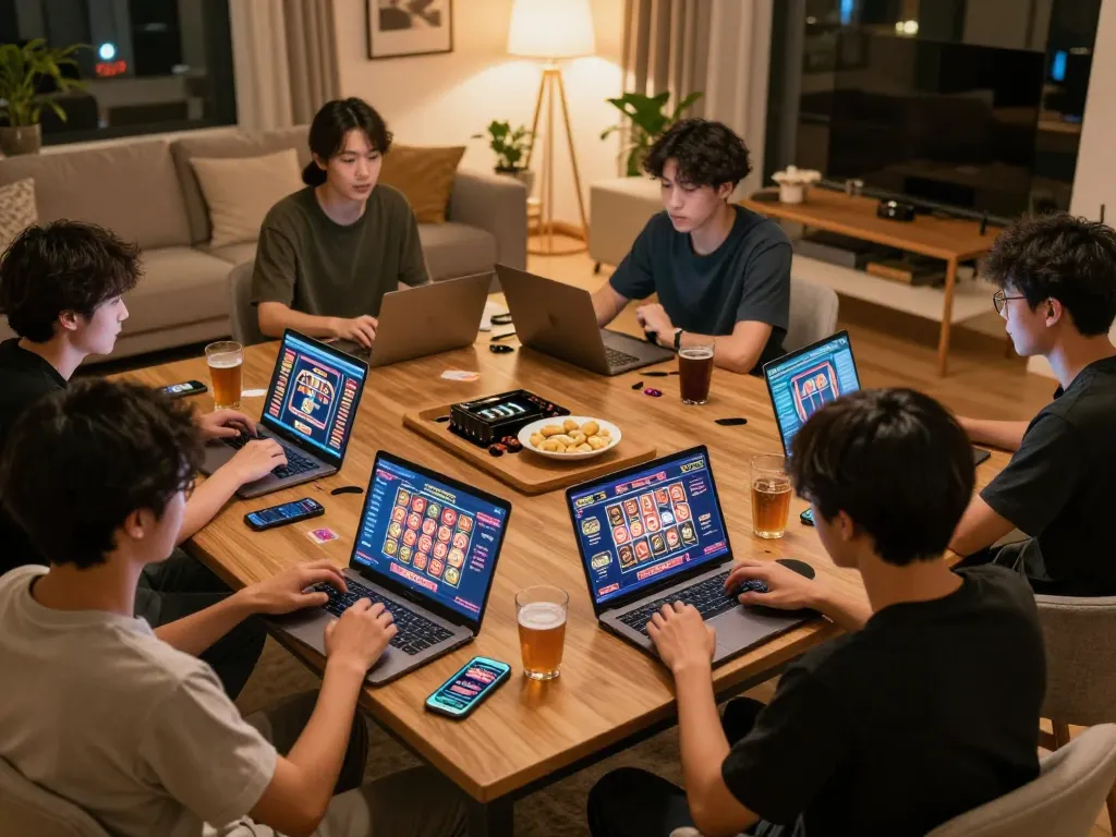 Engage in thrilling online gaming at vipwin with friends surrounded by snacks and drinks.