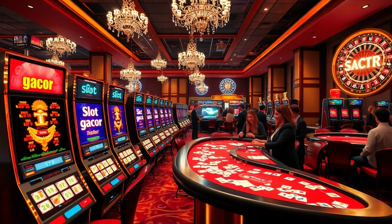 Experience the thrill of slot gacor games in a vibrant casino environment featuring joyful players and elegant machines.