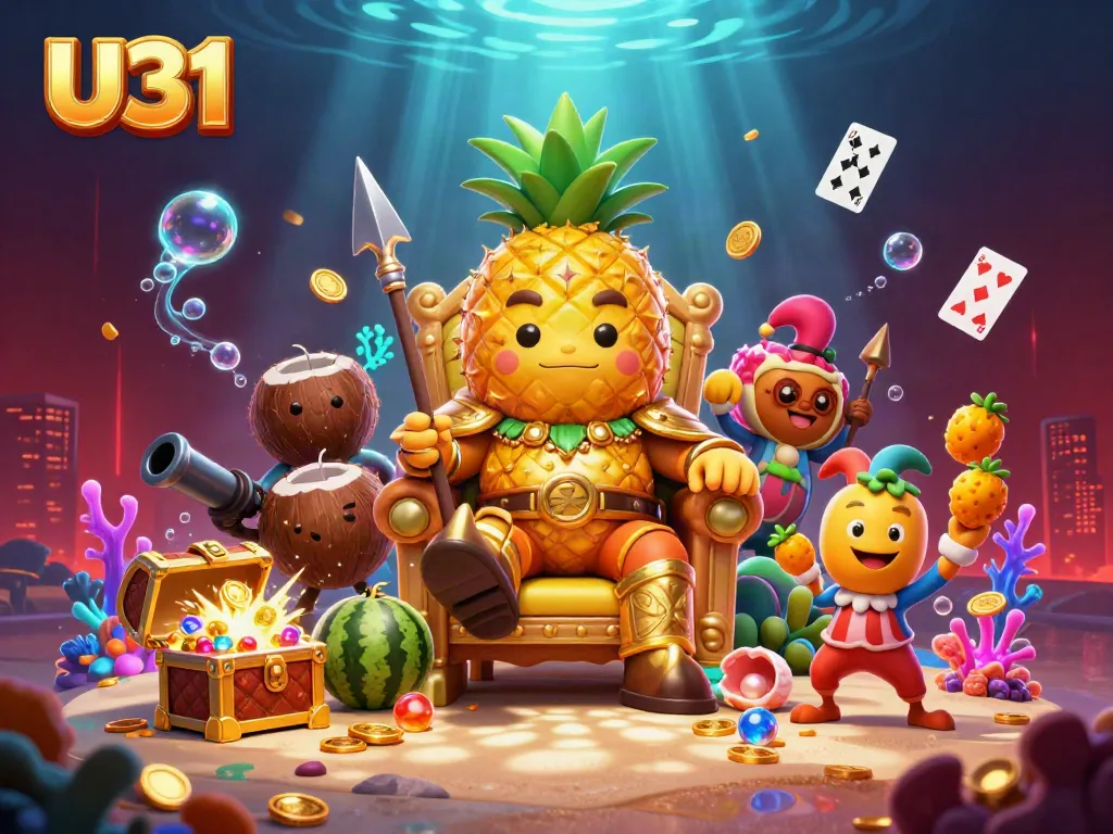 Experience the excitement of U31 with a vibrant casino scene featuring a golden pineapple king surrounded by entertaining elements.