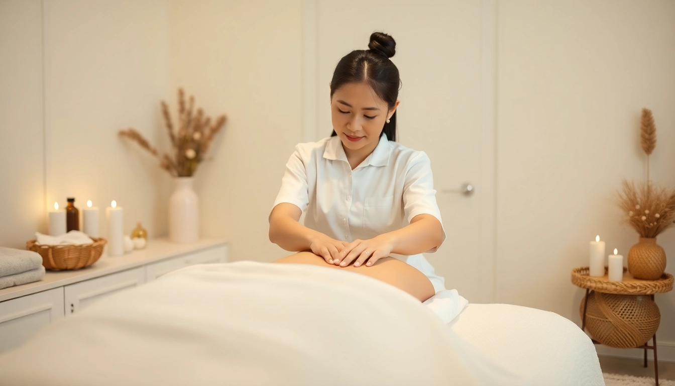 Serene 평택출장마사지 scene with a young female therapist providing a relaxing home massage.