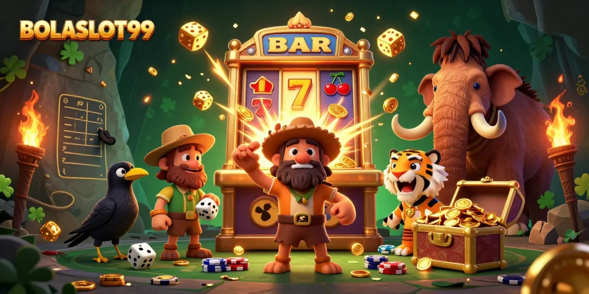 Engage in thrilling gameplay at BOLASLOT99, featuring a vibrant prehistoric casino scene with dynamic gaming elements.