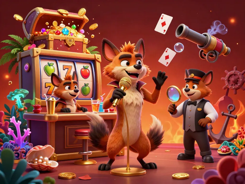 Ilustrasi 3D komedi kasino dengan hyena di panggung janda4d yang memberikan pertunjukan, dikelilingi harta karun dan simbol slot.