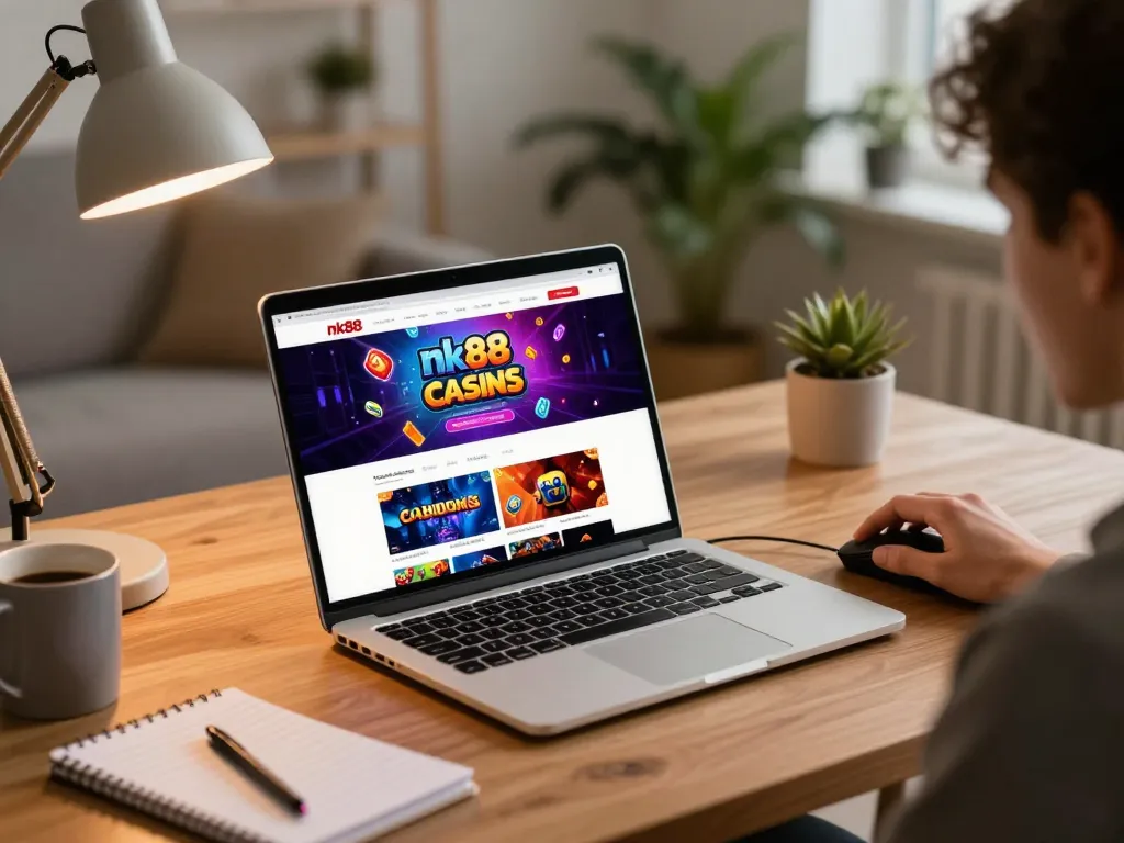Engaging online gaming setup with nk88 website on laptop showcasing dynamic betting options.