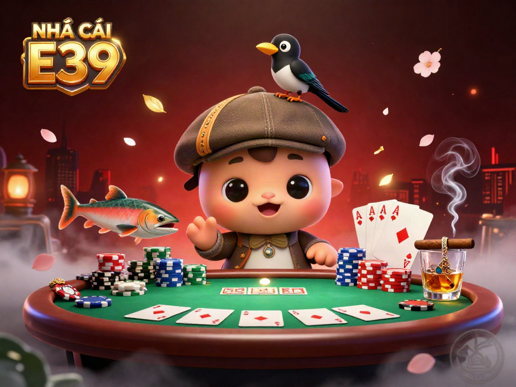 Engage in thrilling gameplay with NHÀ CÁI E39, showcasing a festive 3D casino scene filled with poker elements.