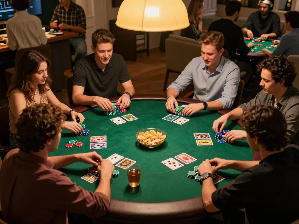 Langit777 players enjoying an intense poker night with vibrant chips and cards on the table.