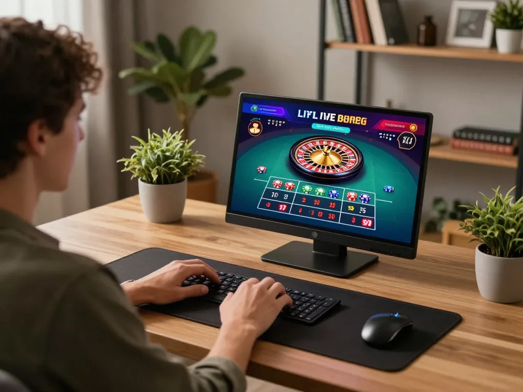 Engaging in strategic online gaming with 789winf, showcasing a live roulette table on a stylish laptop