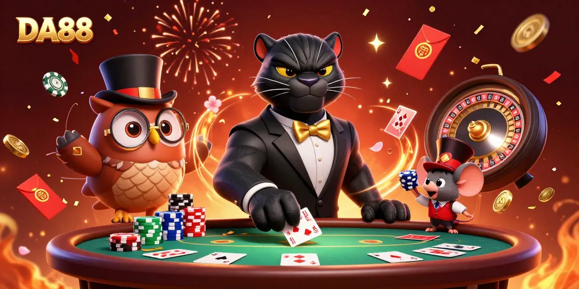 Engage with DA88 as the stylish panther deals cards surrounded by poker elements and festive charms.