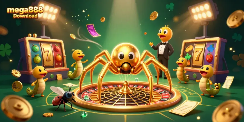 Experience the thrill of casino gaming with the mega888 download illustrated in a vibrant 3D scene.