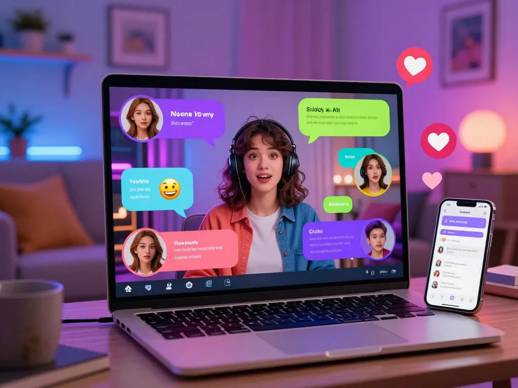 Engaging scene of a user interacting with sex chat ai, showcasing vibrant dialogue and emotional expressions from an AI companion.