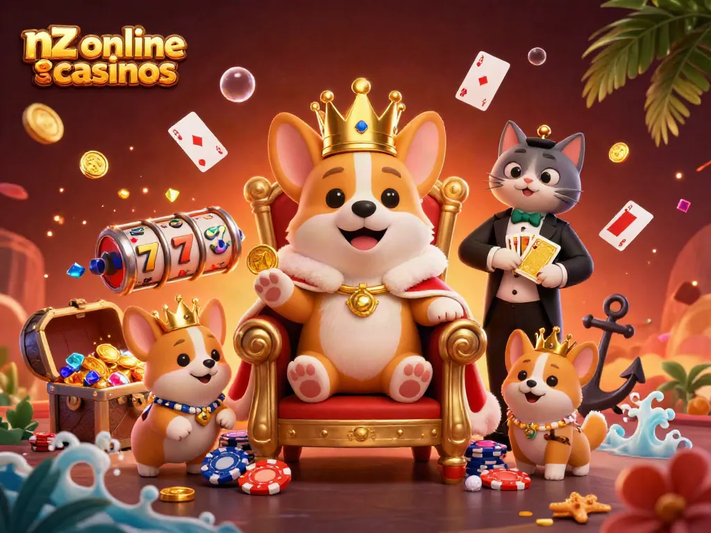 Engage with nz online casinos featuring a royal corgi and vibrant casino elements in a dynamic scene.