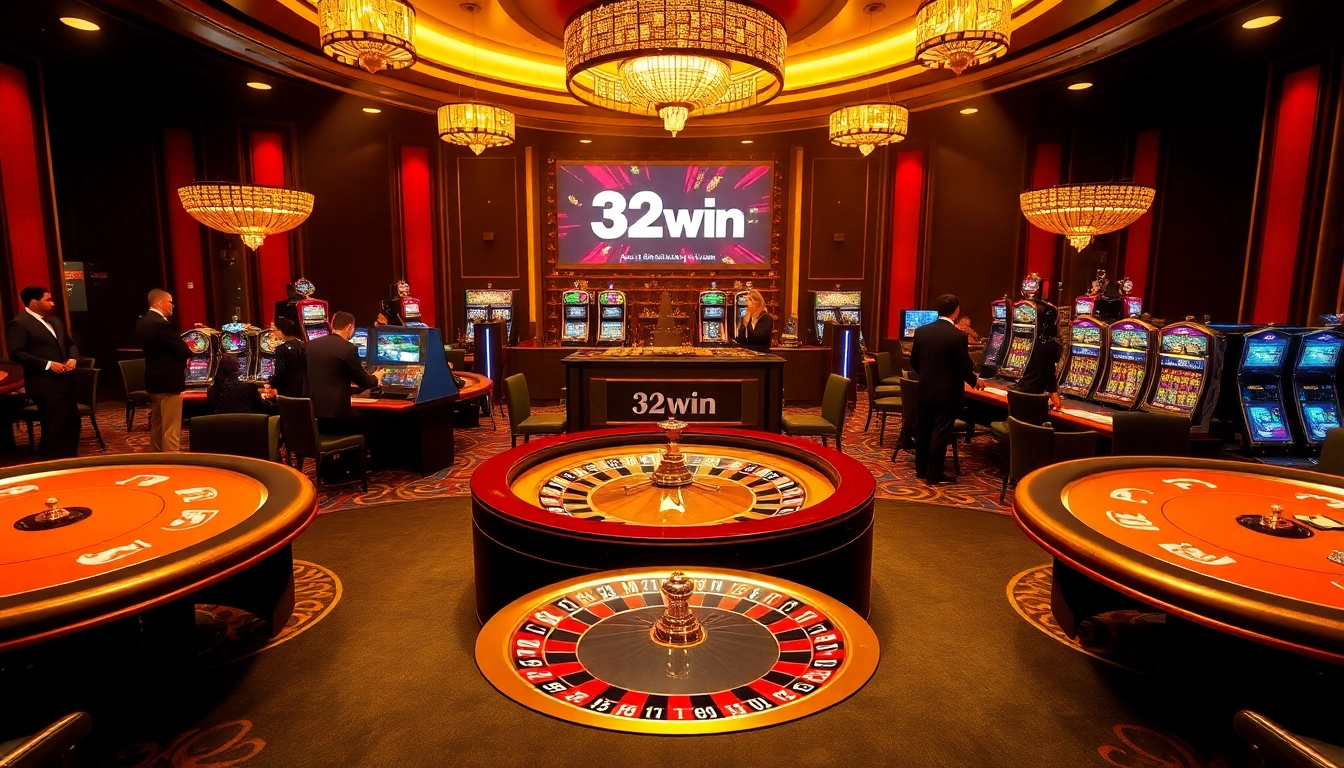 Excited players engage in gaming at a luxury casino showcasing 32win promotions.
