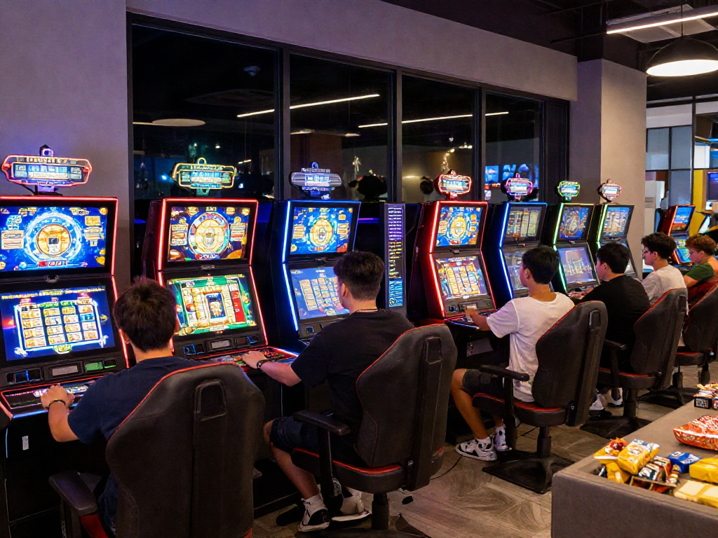 Players enjoying the excitement of bro138 gaming hub with vibrant slot machines and leaderboard updates.