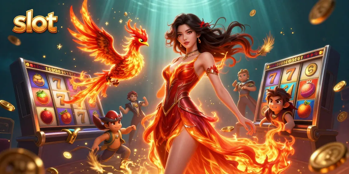 Spin slot reels with captivating Asian woman as a phoenix companion in a dynamic casino scene.