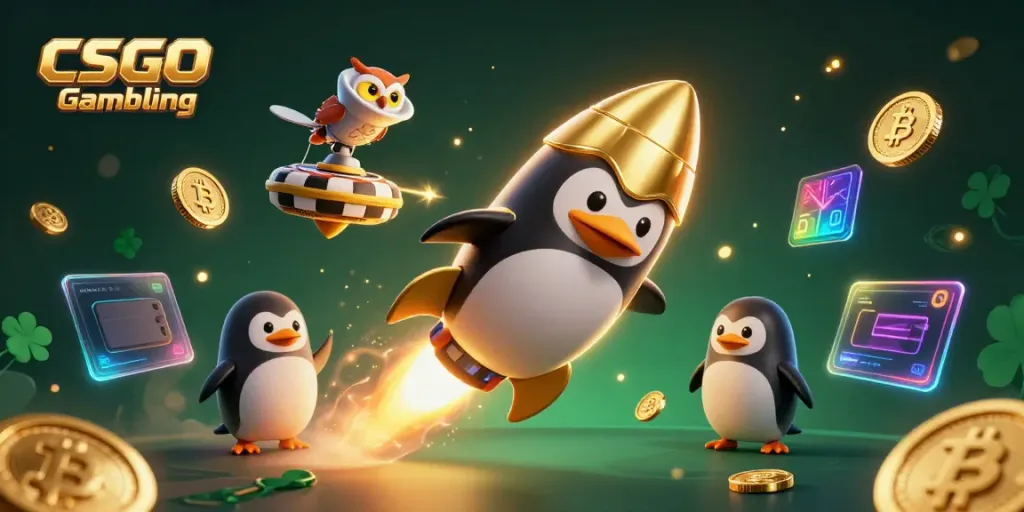 Engage in CSGO Gambling with a dynamic scene featuring a golden penguin and vibrant crypto elements.