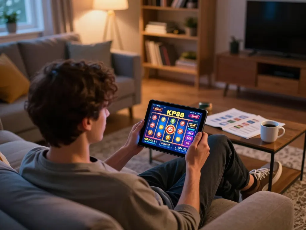 Engaging with KP88 online casino interface on a tablet in a cozy home setting, enhancing online gaming experience.