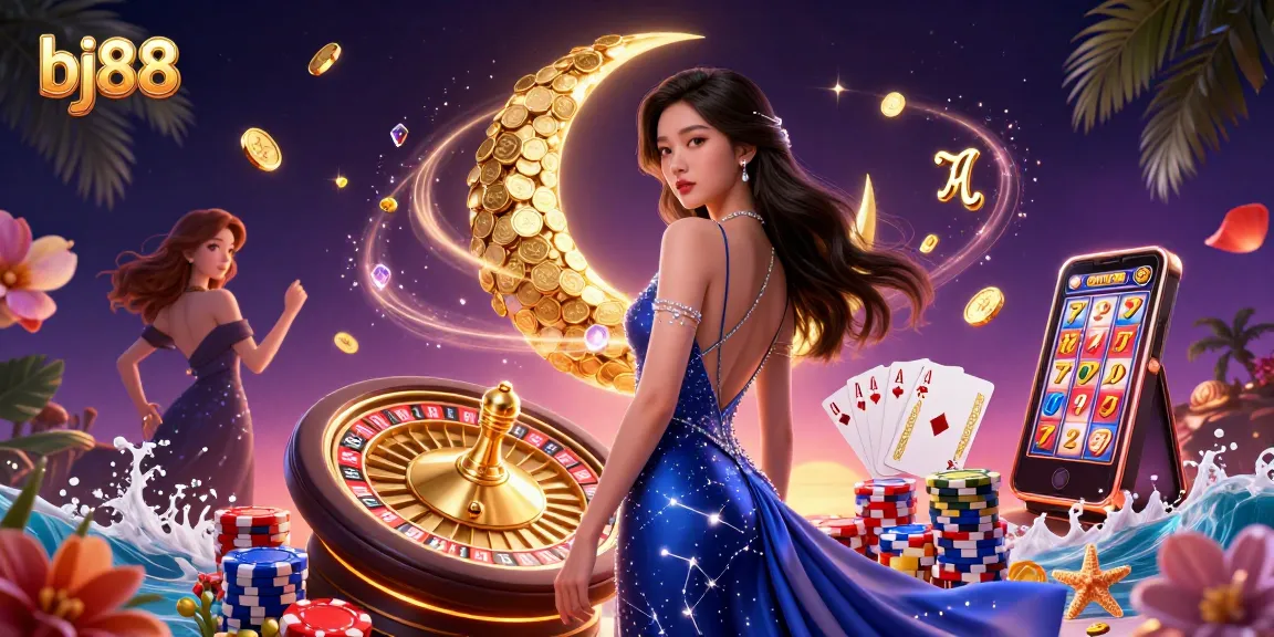Engage in exciting gameplay at bj88 with a vibrant 3D casino scene featuring a glamorous Asian woman and spinning roulette.
