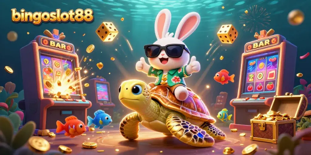Rasakan keseruan bingoslot88 dengan kelinci keberuntungan dan penyu berkilau dalam permainan slot yang penuh warna.