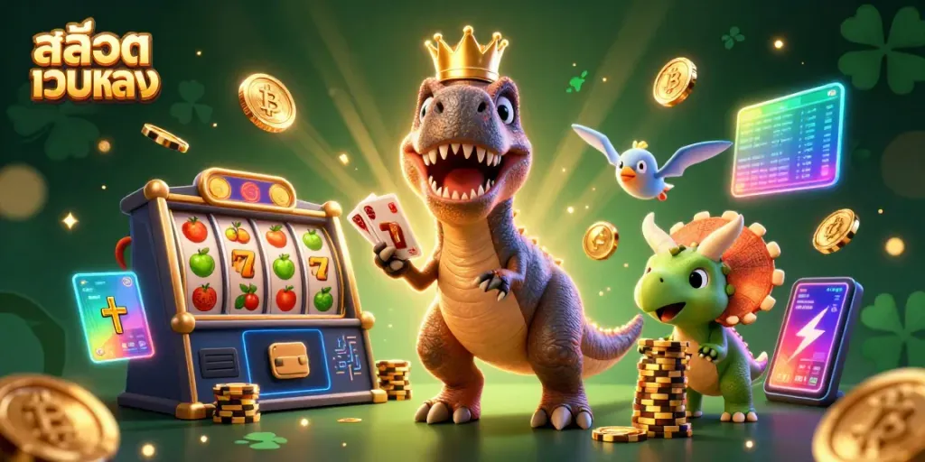 Engage with สล็อตเว็บตรง through a vibrant 3D scene of playful casino characters and gaming elements.