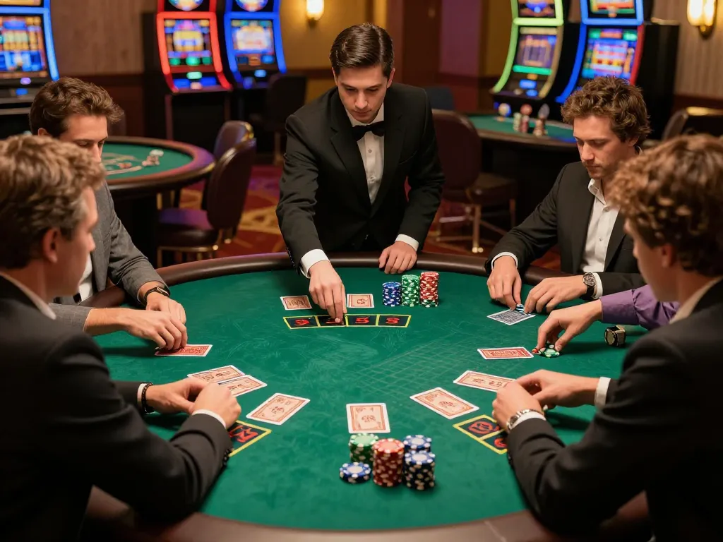 Engaged players at nhà cái 388bet blackjack table tactically managing their bets and strategies.