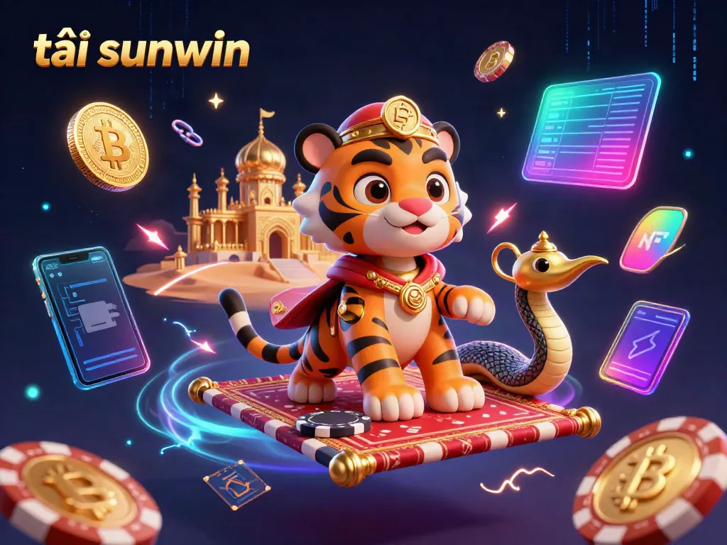 Experience the excitement as you tải sunwin in a vibrant Arabian-themed 3D illustration featuring the tiger sultan with cryptocurrency elements.