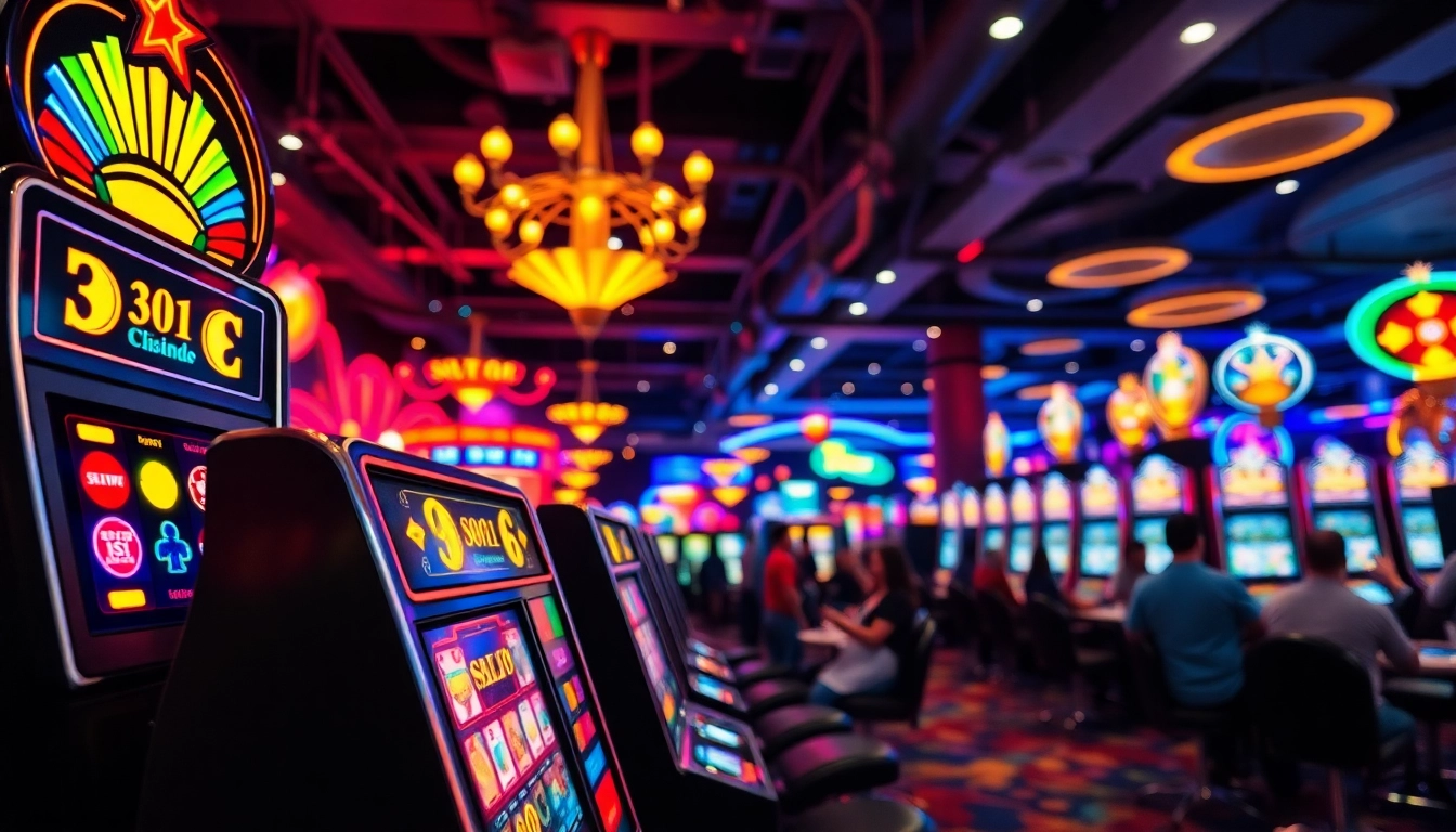 Bermain situs slot di kasino dengan mesin slot berwarna-warni dan pemain yang antusias.