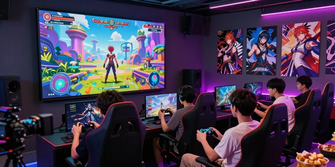 Dynamic scene of players enjoying a gay hentai game with vibrant characters and gaming setup.